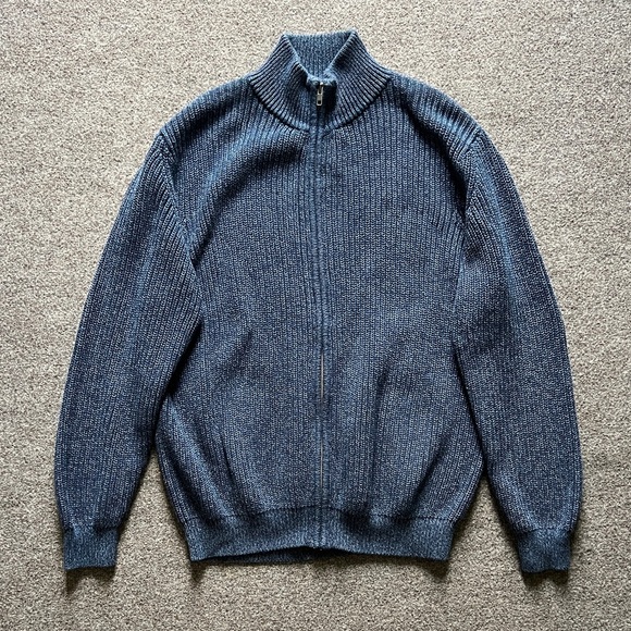 LL Bean Blue Chunky Knit Heavyweight Full Zip Mock Neck Sweater Cardigan Mens XL - Picture 1 of 13